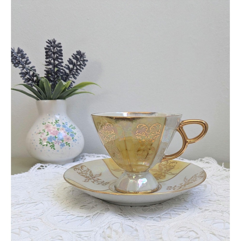 Vintage Lustreware Teacup and Saucer, Made in Japan Tea Cup, Iridescent Gold‎